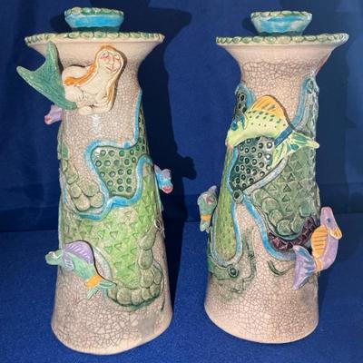 Signed Studio Pottery Mermaid Under The Sea Candlestick 