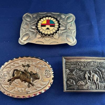 Set Of 3 Mens Belt Buckles Including Coin Silver Kochina Design 