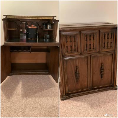 Locking Bar Cabinet With Vintage Barware