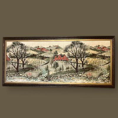 Vintage Barkcloth Raised Scenic Rural Farmland W/ Barns 