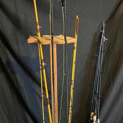 Vintage Fly Fishing Rods Mystery Lot Plus Wooden Fish Rack