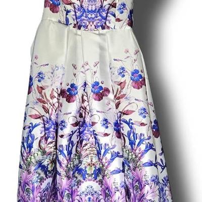 Elegant Floral Satin Fit & Flare Cocktail Dress – Purple/Blue Botanical Print – Approx. Size Small
