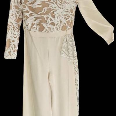 Elegant Cream Jumpsuit with White Sequin Mesh Overlay – Approx Size Small/Medium