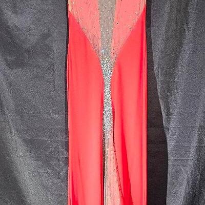 JIKI Couture Red Evening Gown with Sheer Rhinestone Mesh – Size 38 (Approx. US 4/6)
