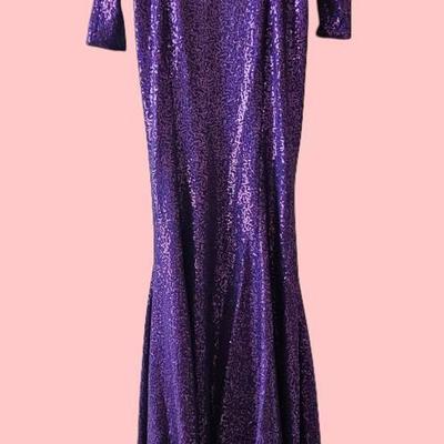 Dramatic Purple Sequin Evening Gown with Oversized Shoulder Rose – Custom Made