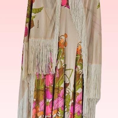 Vintage Leonard Paris 1970s Maxi Dress & Fringe Shawl – Made in France, Botanical Print