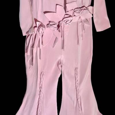 Custom Vintage-Style Pink Bell-Bottom Pantsuit with Rosette Waist Detail