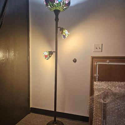 Tiffany-style stained glass floor lamp with a torchiere design and two additional side lights