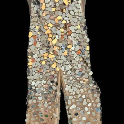 Jovani Nude Mesh Mirror Sequin Jumpsuit Size 6