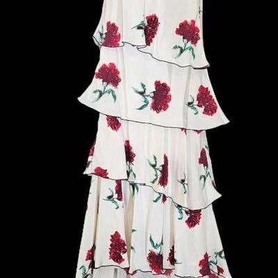 Oscar de la Renta Strapless Tiered Gown with Red Floral Print – Size 6 – Made in USA