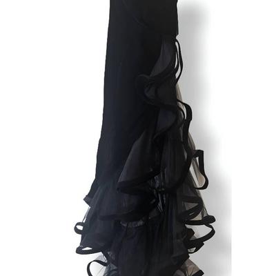 Mac Duggal Black Strapless Gown – Dramatic Tulle Ruffle Skirt, Size 4