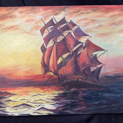 Original Painting Of A Pirate Ship At Sunset