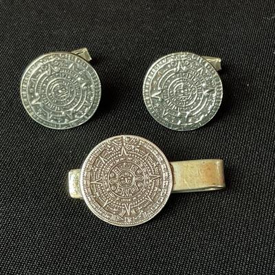Erab Sterling Silver Aztec Cuff Links And Tie Bar