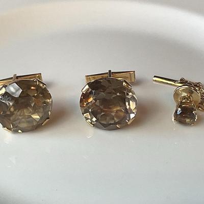 14K Yellow Gold And Stone Cuff Links