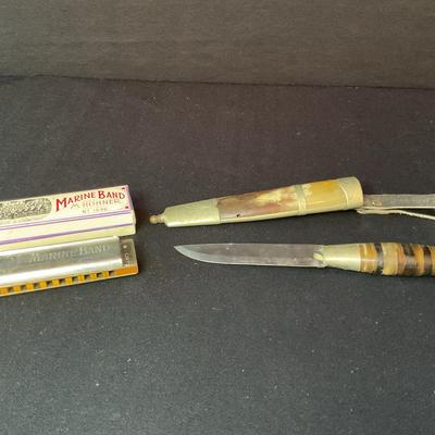 Vintage Horn Handle Knife, Sheath And Harmonica