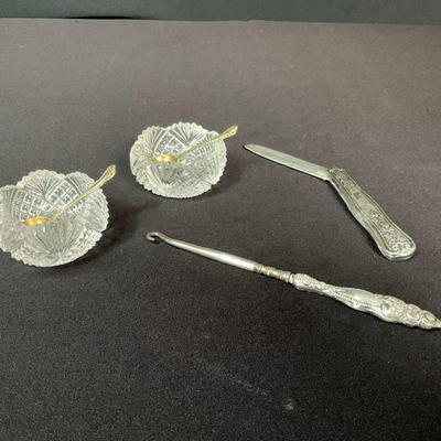 Vintage Salt Cellars/Pocket Knife/Button Hook With Sterling & Silverplate