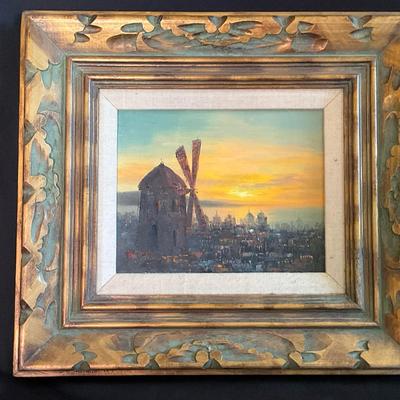 Mid Century Painting Windmill At Sunset