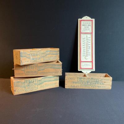 Vintage Cheese Boxes And Metal Thermometer 