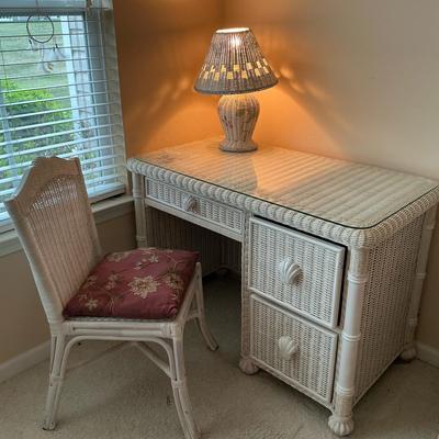 Wicker Desk, Chair And Lamp