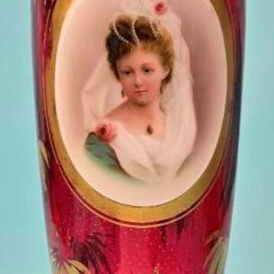 Antique Bohemian Cranberry Glass Portrait Vase