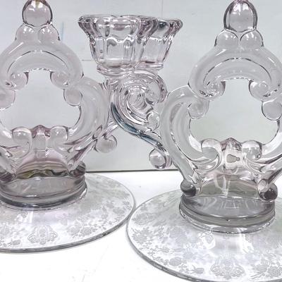 “Cambridge” Etched Glass Candelabra’s 