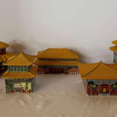 Set of 5 Porcelain Chinese Temple Trinket Boxes
