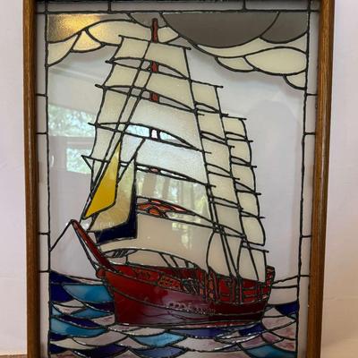 Framed Stained Glass Art – Tall Ship at Sea