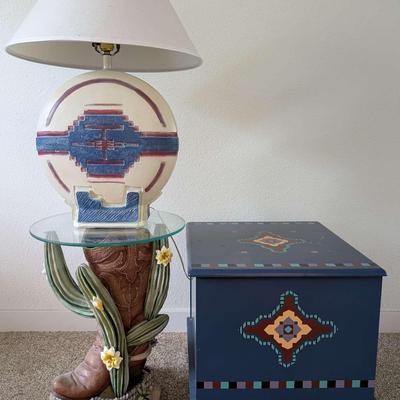Southwestern Lamp, Painted Storage Chest, and Boot Table with Glass Top – 3-Piece Set