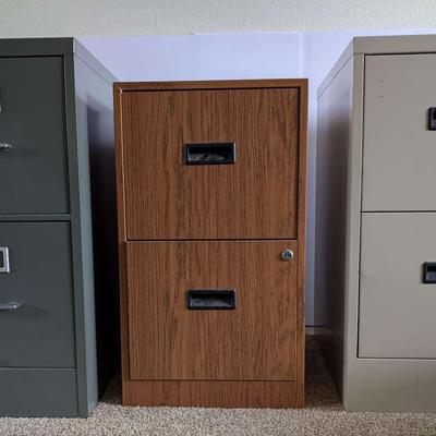 Trio of Two-Drawer File Cabinets – Mixed Styles and Finishes
