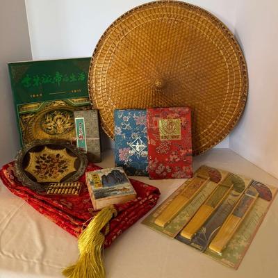 Chinese Cultural Ephemera & Decor Collection – Stamp Albums, Fans, Hat, Fabric, and More