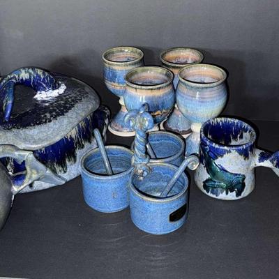 Handcrafted Blue Glazed Pottery Collection – 13 Pieces