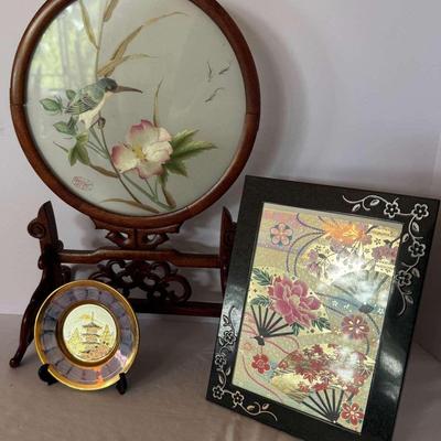 Japanese Decorative Art Trio – Painted Fan Frame, Porcelain Plate & Silk Embroidery Panel