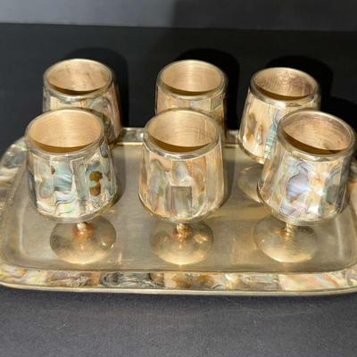 Vintage Abalone Inlay Brass Cordial Glasses with Tray – Set of 6
