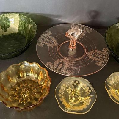 Assorted Depression Glass – Mixed Colors & Patterns