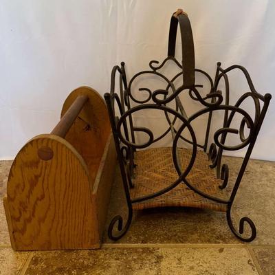 Vintage Wrought Iron Magazine Rack & Wooden Toolbox