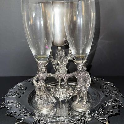 German Pewter and Glass Wedding Toasting Goblet Trio with Tray