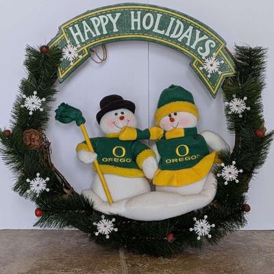 Oregon Ducks Holiday Wreath – “Happy Holidays” with Snowman Fans