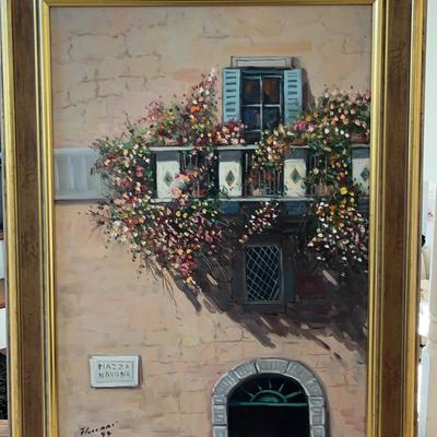Giltwood-Framed Signed Italian “Piazza Navona” Original Oil Painting