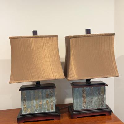 Pair Of Slate And Wood Accent Lamps
