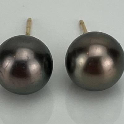 Pair of 14k Yellow Gold 9mm Tahitian Pearl Stud Earrings