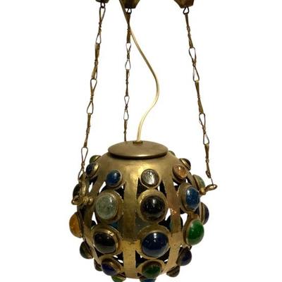 Vtg. brass and jeweled glass hanging lamp 
