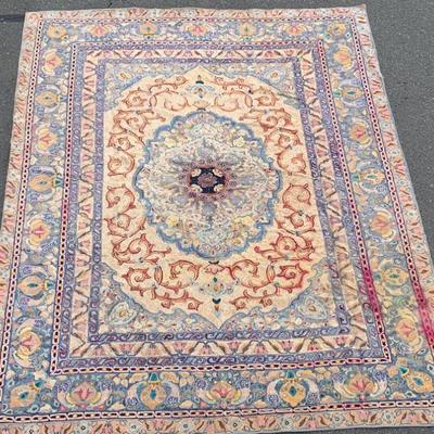 Very large Vtg. 1950’s hooked rug, 8’4” x 11’5”. Lower right has area where the red ran, otherwise excel. cond.