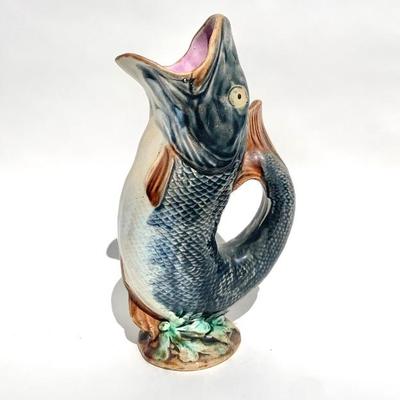 Antique majolica fish pitcher 11 1/2”