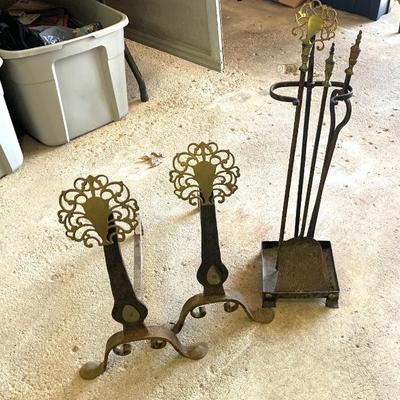 Antique Arts and Crafts brass sunflower andirons and tools