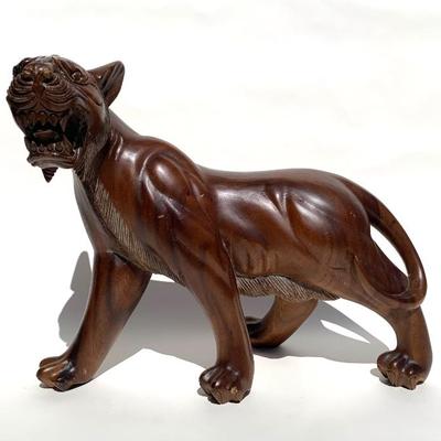 Vtg. carved wooden Asian tiger  ht. 15”. 16” long 