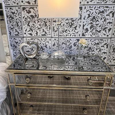 Vintage -inspired mirrored chest with antique gold trim And Lamp