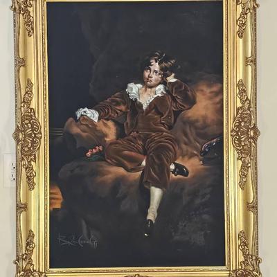 Vintage Black Velvet Painting – Signed "B. Sánchez Gti" – Portrait of a Boy in Period Costume