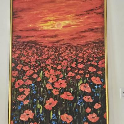 “Crimson Horizon” – Large Framed Oil Painting of Wildflowers at Sunset