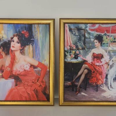 Chic Parisian Ladies in Red – Framed Glamour Art Print Pair
