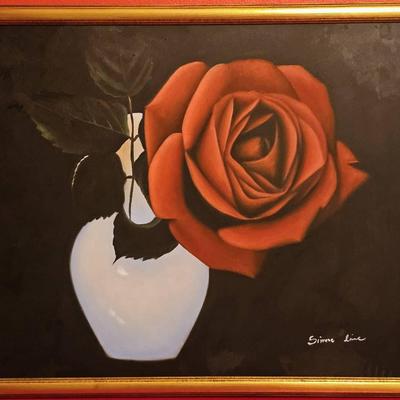 Striking Oil Painting of Red Rose in Vase – Signed by Artist "Simone Lime"